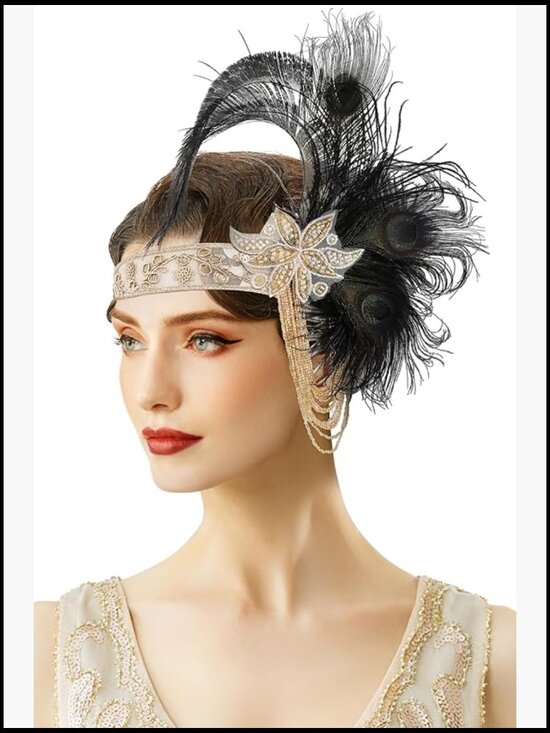 Flapper Headpiece Roaring 20s Gatsby Tassel Chain Feather Design One Size